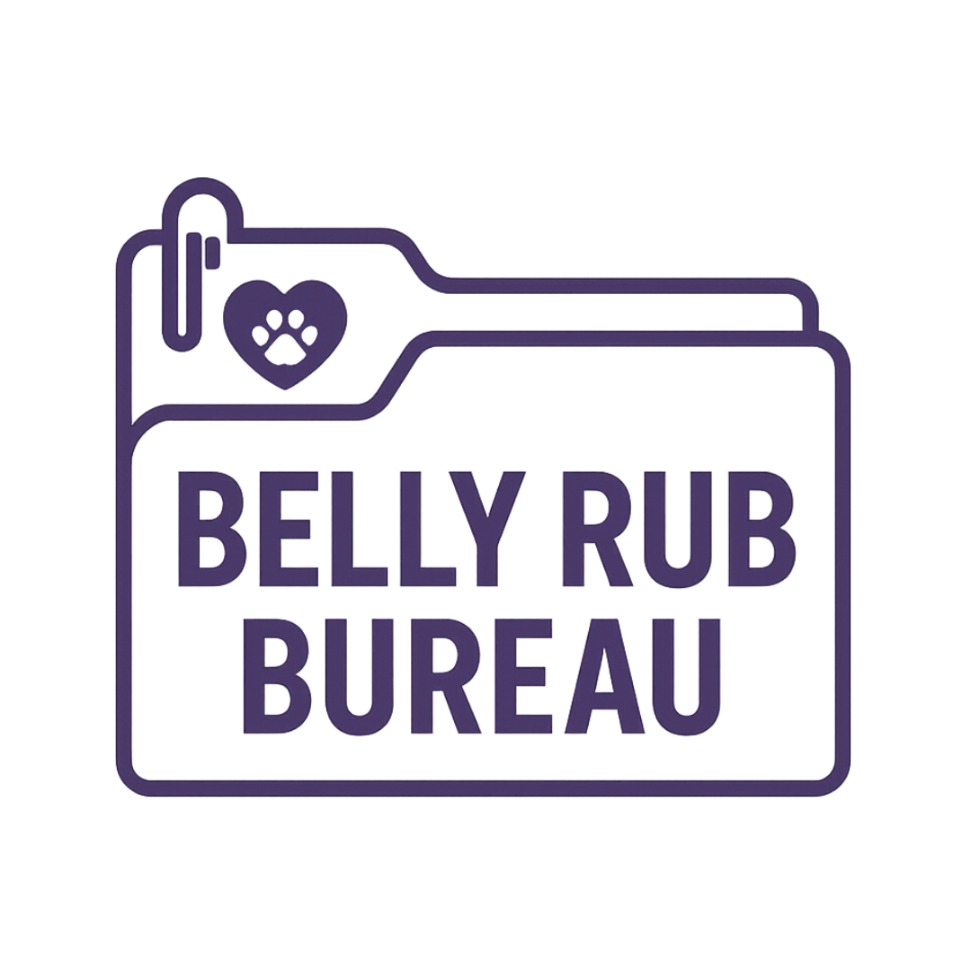 Icon graphic of a file folder with heart surrounding paw print near paperclip with words Belly Rub Bureau for a pet sitting company in Columbus, Nebraska
